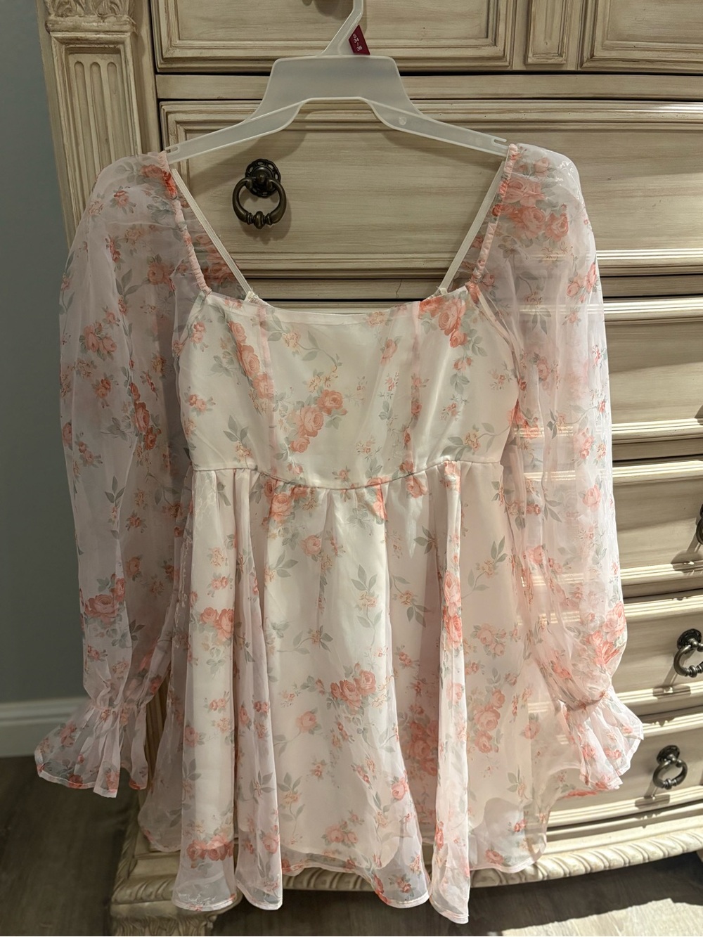 Pink Floral Sheer Puff Sleeve Mini Dress